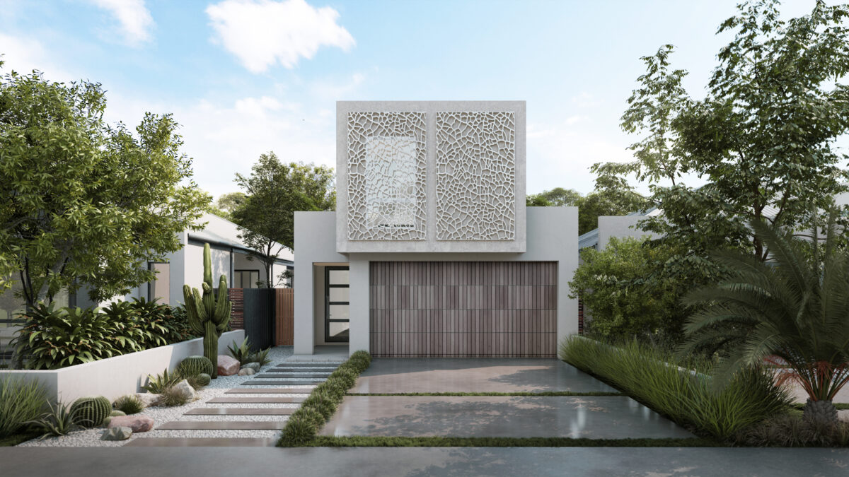 Street view of RUN AROUND SUE, a small low-cost two storey house with a large front alfresco and modern design features surrounded by greenery.