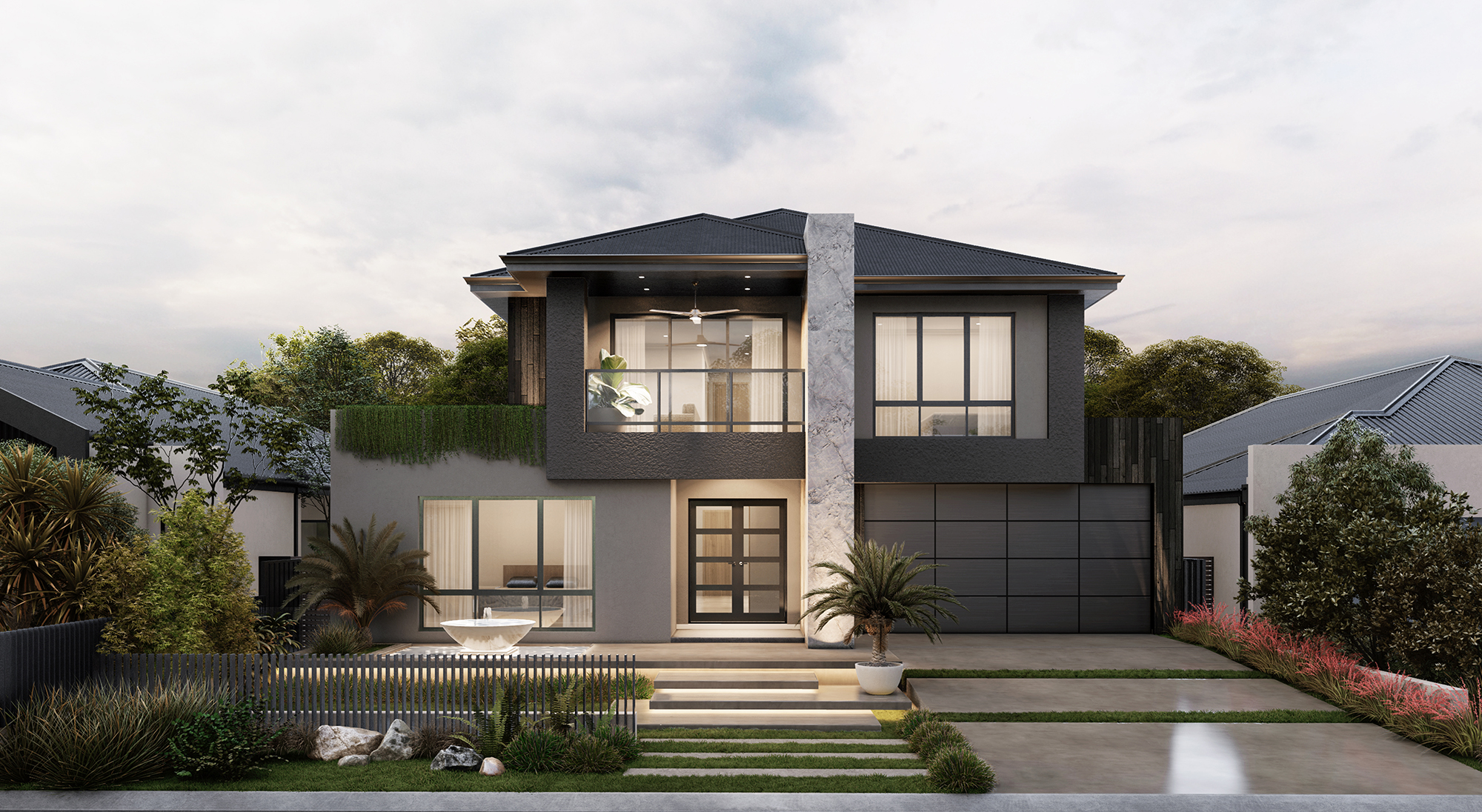 Grey modern five-bedroom two-storey house design by Residential Attitudes featuring a floor plan with two downstairs bedrooms.