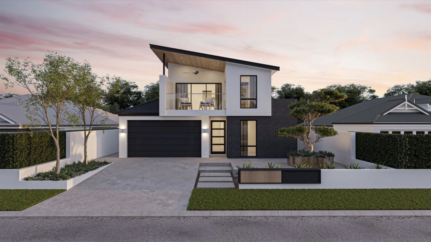 A white and dark grey modern two-story house design by Perth building company Residential Attitudes featuring a pyramid, skillion and flat roof.