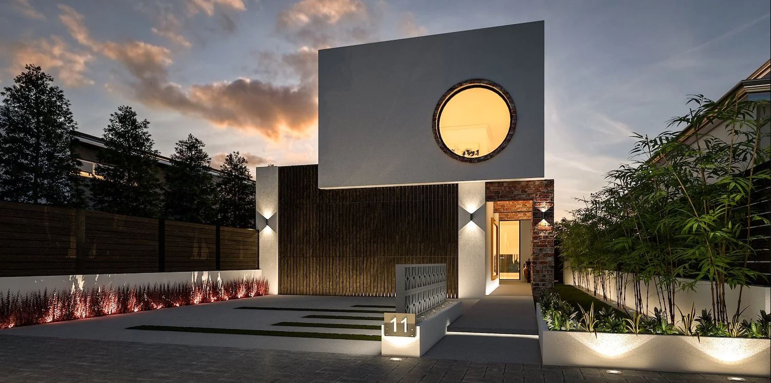 A modern two-story house design by Perth building company Residential Attitudes showing a white home with brown accents and a garage.