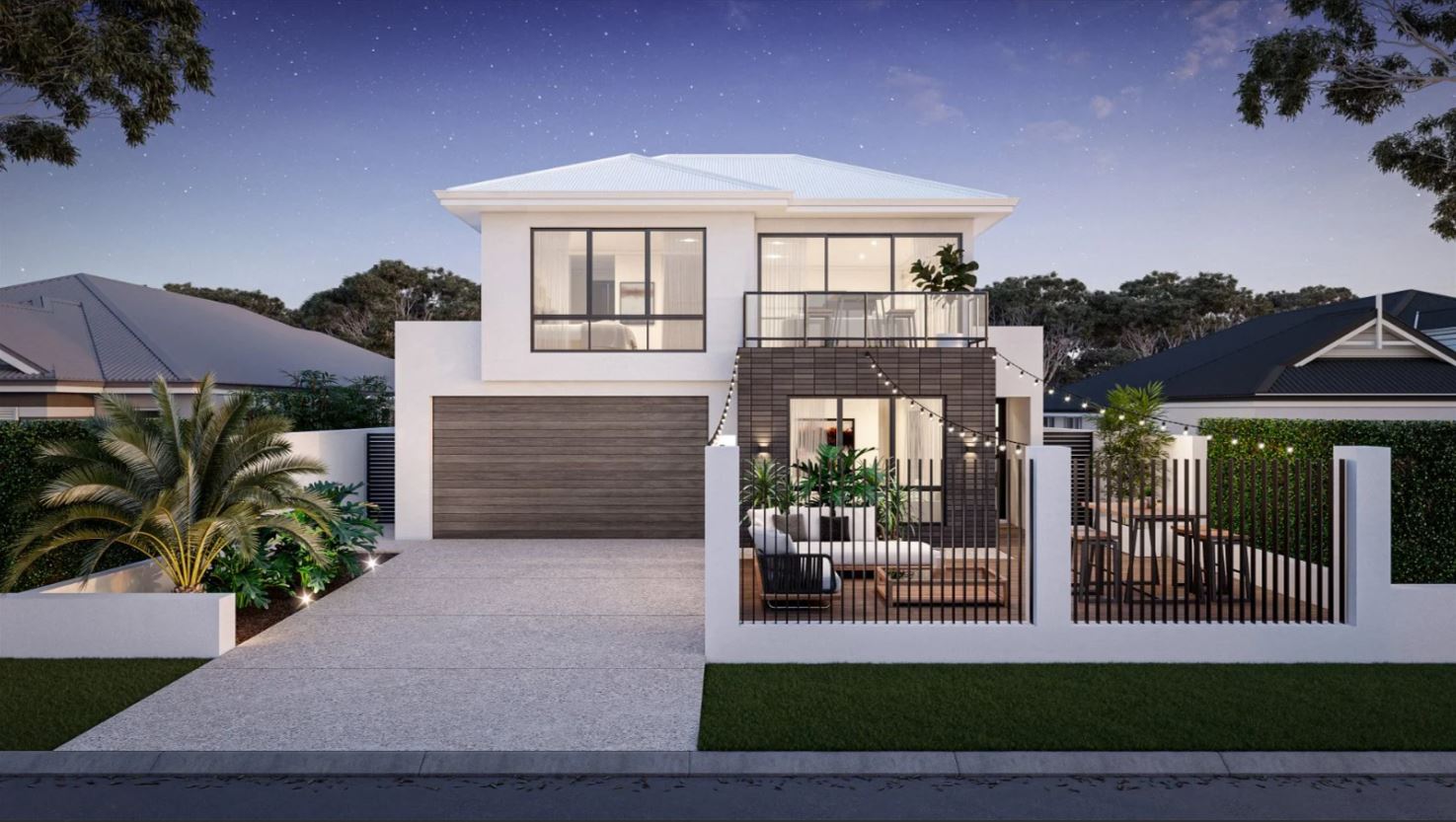 A white and light grey modern two-story house design by Perth building company Residential Attitudes featuring hanging lights over the patio.