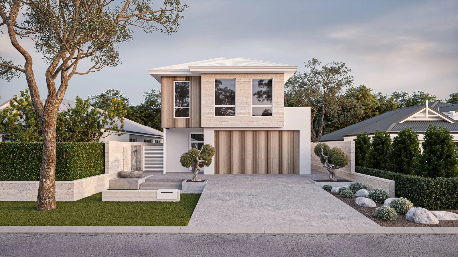 Street view of Residential Attitudes’ white and modern three-bedroom, double-storey house "Zest Nest"