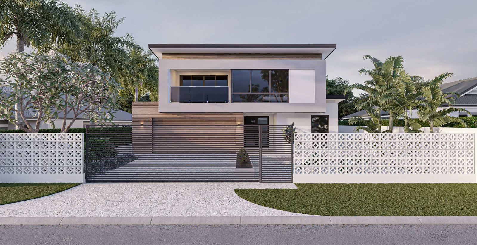 Modern five-bedroom two-storey house design by Residential Attitudes featuring a floor plan with three small downstairs bedrooms.